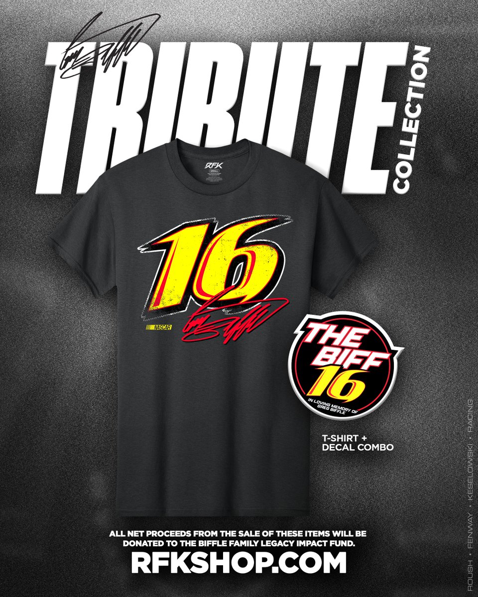 Honoring Greg's legacy as a driver &amp; humanitarian. ❤️ 

The No. 16 shirt + sticker combo is now available online and in-person at the RFK Racing museum. 

All net proceeds go directly to the Biffle Family Legacy Impact Fund.