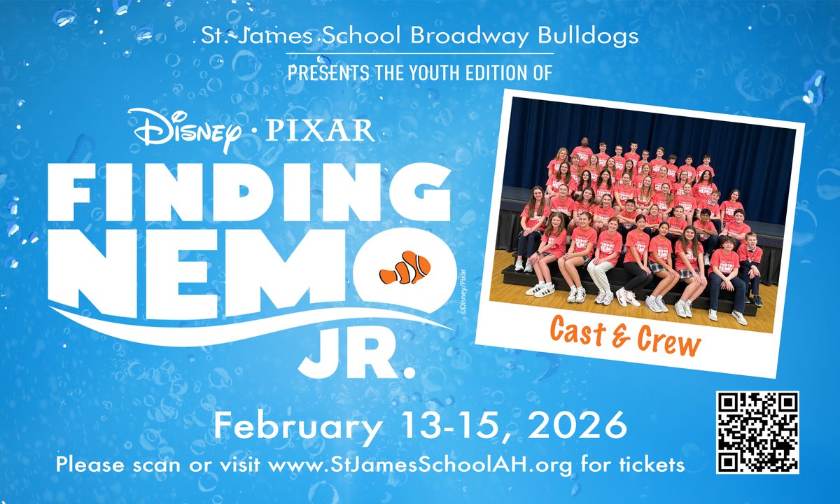 Come support our Broadway Bulldogs in Finding Nemo Jr. Tickets on sale now => bit.ly/49NY0VL
February 13 @ 7pm
February 14 @ 7pm
February 15 @ 2pm
#SJSAH #StJamesSchoolAH #SJSBulldogs