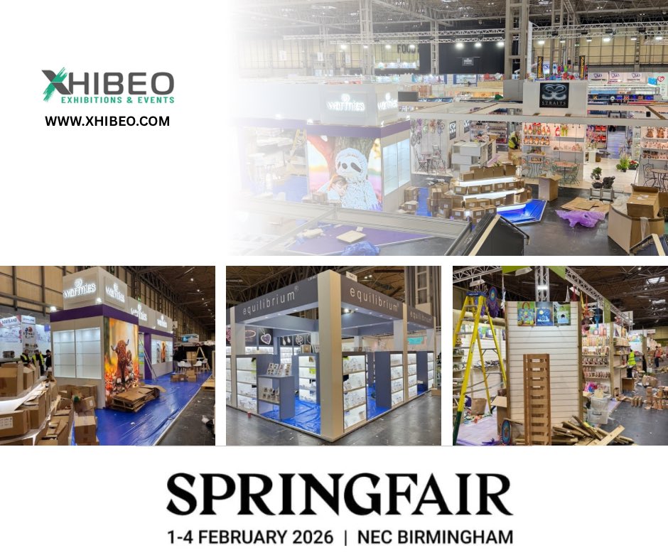 Xhibeo's tweet photo. Nearly time for Spring Fair 2026 to open its doors. Team Xhibeo have been busy with the build of these 3 stands. Time to handover 🤝 

#exhibitionstand #exhibitionstanddesign #exhibition #SpringFair2026 #NEC #exhibitionstandcontractors https://t.co/q74OKbIpRA