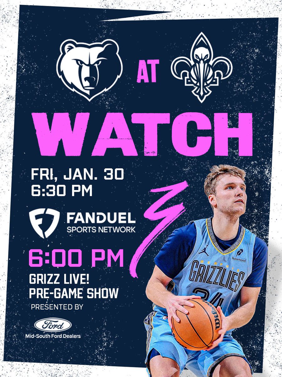 𝐆𝐚𝐦𝐞𝐝𝐚𝐲 in NOLA
📺 @FDSN_Grizzlies
📻 @929espn
🕐 6:30pm
🆚 @PelicansNBA