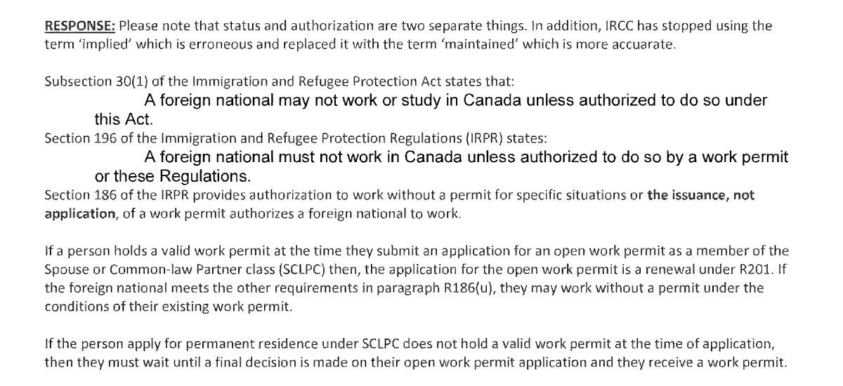 Q: Can an applicant under the Spouse or Common-law Partner Class (SCLPC) who applies for an open work permit under LMIA-exempt code A70 start working as soon as the application is submitted to IRCC?

A: It depends on whether the applicant already holds a valid work permit at the