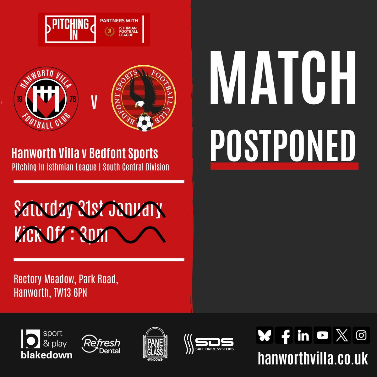 ⚠️MATCH POSTPONED
Tomorrows home match against <a href="/BSFC_Official/">Bedfont Sports Club</a> has been postponed due to an electrical issue at Rectory Meadow. 
We will let you know new date as soon as its confirmed, goto our website for more info 👇

hanworthvilla.co.uk/news/hanworth-…