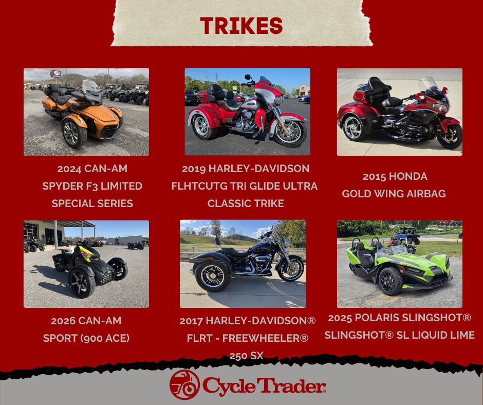 CycleTrader's tweet photo. 🛣️ Ready to ride in comfort &amp; style? 🏍️ Shop thousands of new &amp; used trikes from Harley-Davidson, Can-Am, Honda &amp; more on Cycle Trader. 👉 https://t.co/mQLsQKat5i

#Trikes #Motorcycles #CycleTrader #ThreeWheels #BuySellResearch #MotorcycleMarketplace https://t.co/yM8x3OpIsw