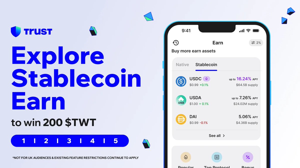 Explore Stablecoin Earn in Trust Wallet to win 200 $TWT!

To enter:
🔹Like &amp; Retweet this post
🔹Follow Trust Wallet
🔹Stake and share a screenshot.