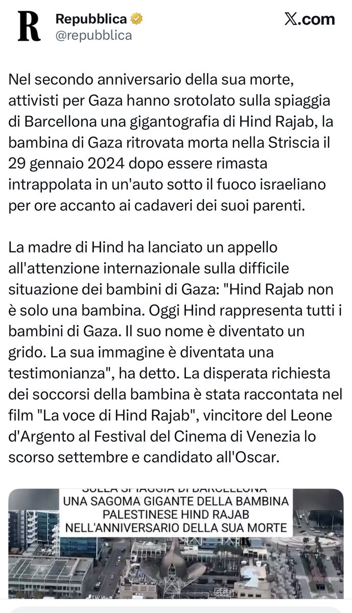 avantibionda's tweet image. “ritrovata morta dopo essere rimasta intrappolata in un'auto sotto il fuoco israeliano per ore accanto ai cadaveri dei suoi parenti”
No, @repubblica,a Hind Rajab IDF ha sparato addosso 355 colpi proprio sapendo che in macchina c’era lei che chiedeva aiuto da ore.
#scortamediatica