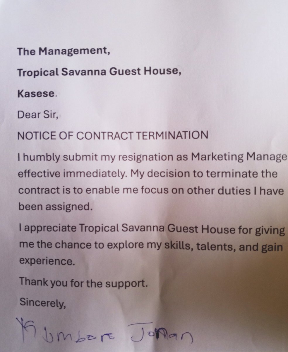 I'm announcing the termination of my contract with Tropical Savanna Guest House - Kasese. 

After working with them for 3 months, I've performed my duties to the best of my ability. 

For anything about Savanna, kindly reach out to them. Thank you, my dear followers