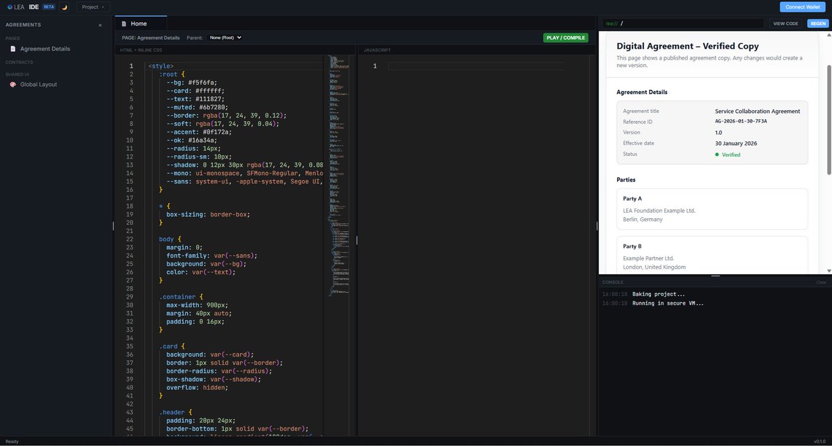 We talk a lot about trust at the smart contract level.
But users never interact with contracts directly. They interact with interfaces.
That gap is what led us to work on OnChain UIs.

At LEA we are building an IDE so developers can create smart contracts and OnChain UIs