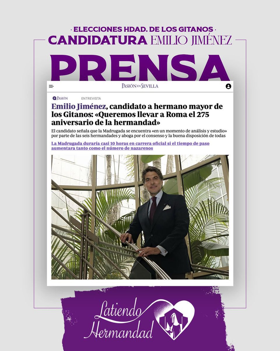 📰 Hoy, en Pasión en Sevilla de ABC entrevista a nuestro Candidato a Hermano Mayor, Emilio Jiménez.

“Queremos llevar a Roma el 275 aniversario de la Hermandad”.

👉 abc.es/sevilla/pasion…

<a href="/pasionensevilla/">Pasión en Sevilla</a>