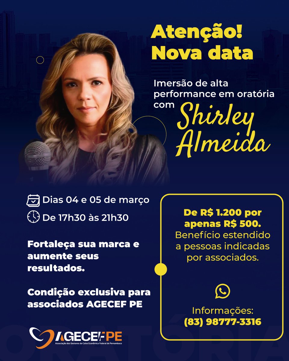 AGECEFPE's tweet photo. 📣Atenção para a nova data da imersão de alta performance em oratória com condições exclusivas para associados da AGECEF PE e pessoas indicadas por eles. 
Participe! https://t.co/QaKriqdovs