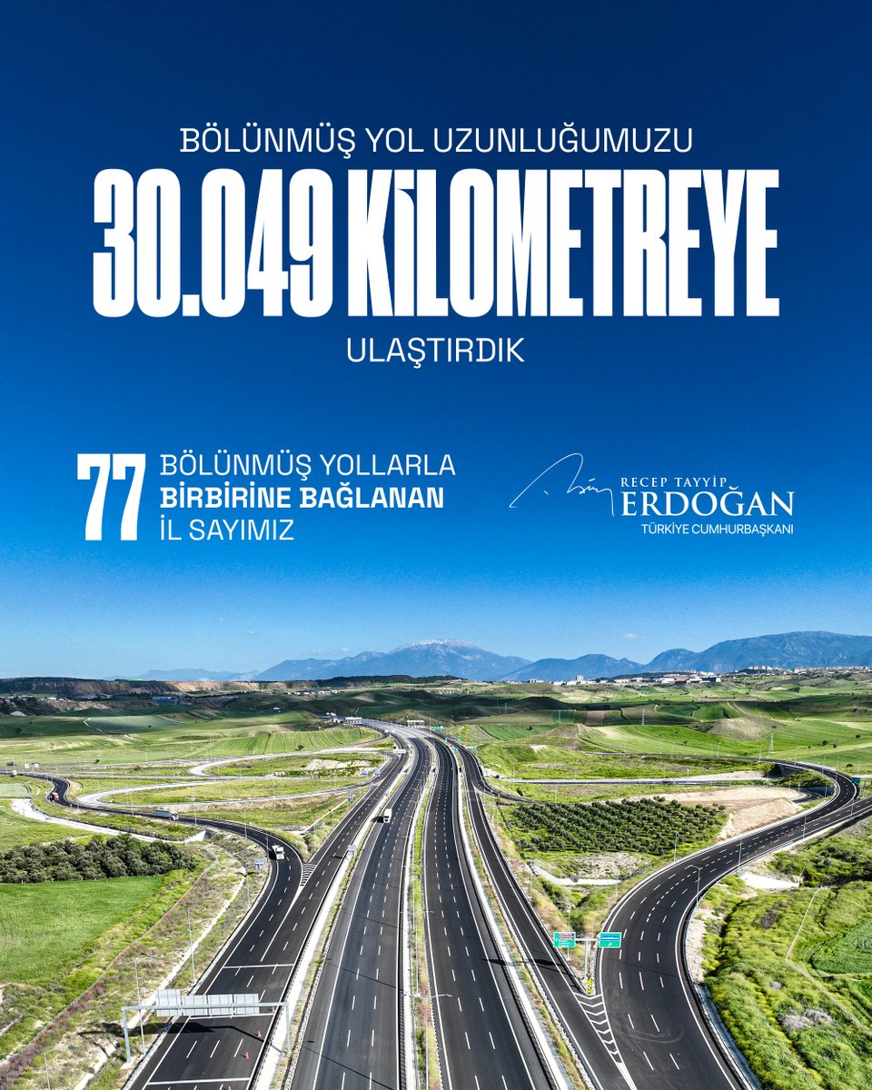 Bugün yapımı tamamlanan bölünmüş yollarımızın 30 bininci kilometresini hizmete aldık, eserlerimize bir yenisini eklemenin gururunu yaşadık.

Bu yolların yapımında fedakârca çalışan, serdiği asfaltı alın teriyle harmanlayan emekçi kardeşlerime canıgönülden teşekkür ediyorum.