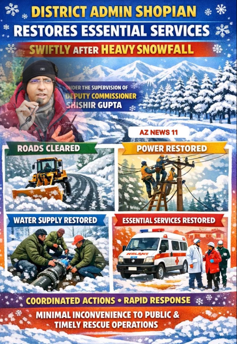 AzYaqoob's tweet photo. District Admin Shopian Restores Essential Services Swiftly After Heavy Snowfall Demonstrating efficient governance and strong crisis management, the District Administration Shopian ensured rapid restoration of roads, power, water supply, and essential services. @Informationspn https://t.co/qnjABmoBFc