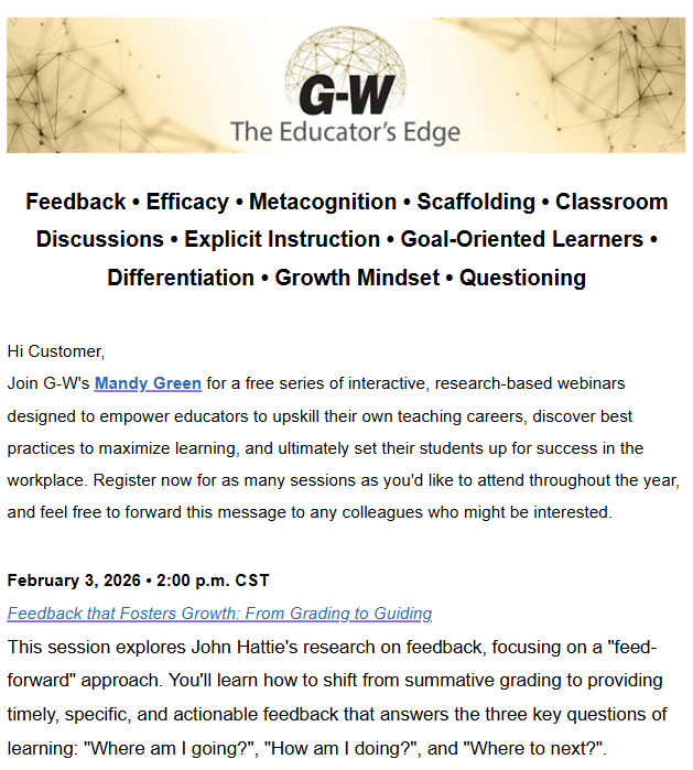 Join me next Tuesday to explore feedback in instruction.
bit.ly/4akZS8C

#PD #PL #CTE #feedback #teaching #GWPublisher