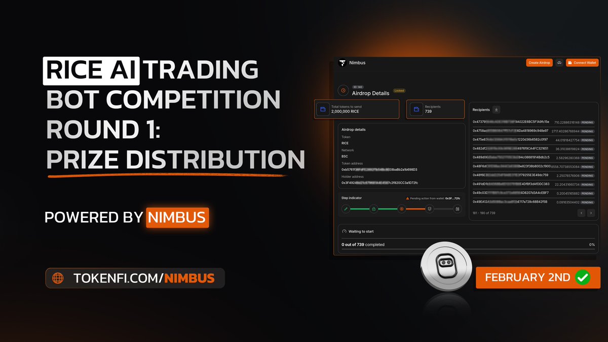 Dear Vikings,

We're distributing Round 1 rewards for the RICE AI Trading Competition using Nimbus, with full on-chain transparency.

The entire airdrop is prepared ahead of execution and shared publicly, giving the community time to review wallets and allocations before any