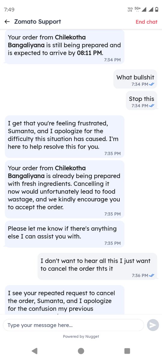 🚨 Extremely disappointed with <a href="/zomato/">zomato</a> support.
I requested immediate cancellation as soon as I saw my order would take 56 mins. Repeated requests on chat were ignored, and the order was still delivered.
This is unacceptable. Screenshots available.
#Zomato #PoorService