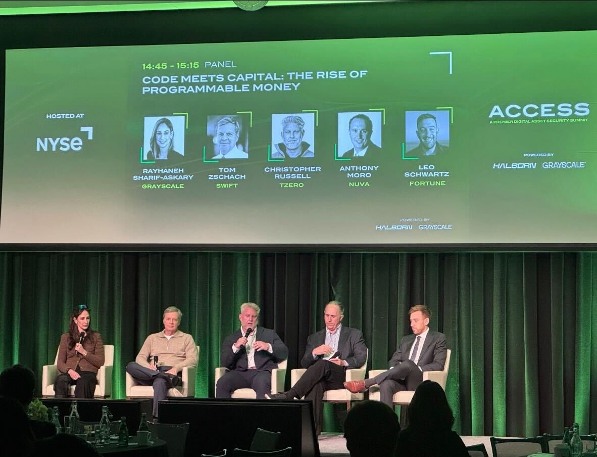 tZERO's tweet photo. @tZERO CISO @cr00ster joined leaders from Grayscale, SWIFT, and Nuva at #ACCESS2026 to discuss “Code Meets Capital: The Rise of Programmable Money.”
The conversation focused on how programmable money is reshaping market infrastructure – and why security, compliance, and regulated rails must evolve alongside on-chain adoption. A conversation that sits squarely in tZERO’s wheelhouse as regulated markets move on-chain.