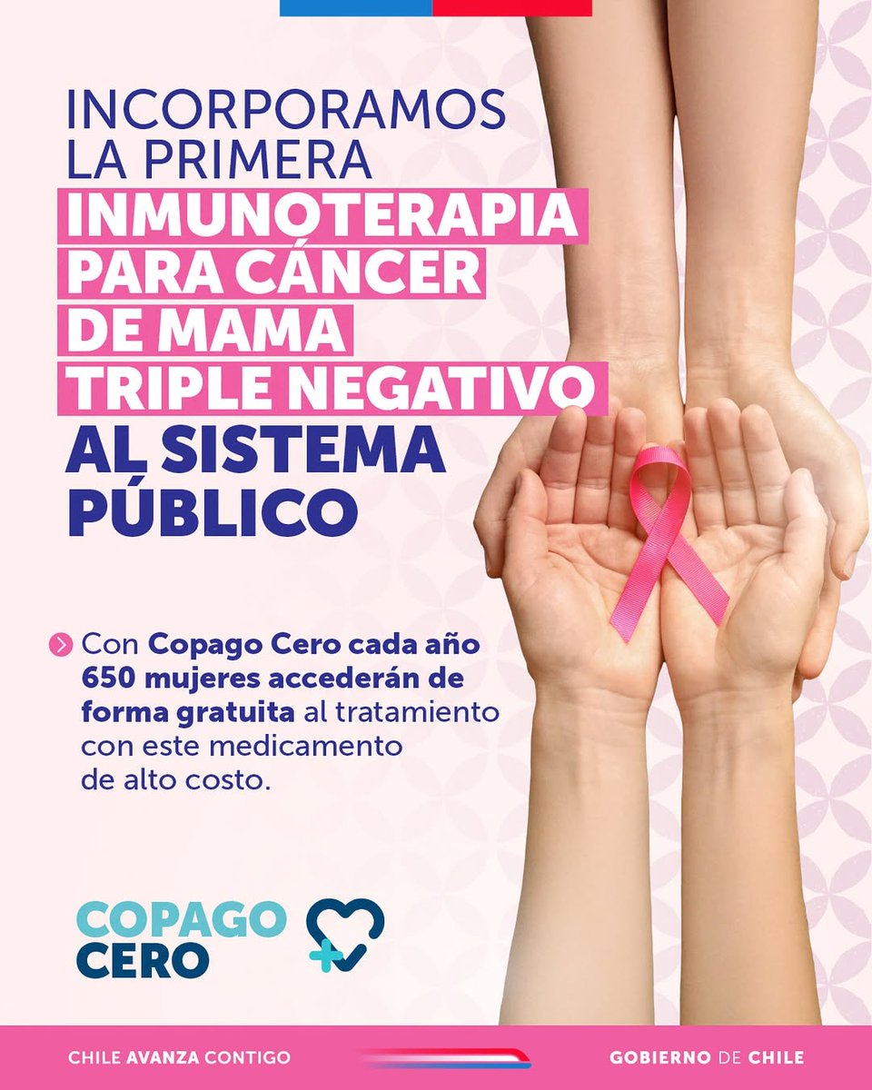 Fonasa's tweet image. Avanzamos en equidad y acceso a tratamientos de última generación 🙌🏻
Por primera vez, una inmunoterapia oncológica está disponible de forma gratuita en la red pública de salud para mujeres con Cáncer de Mama Triple Negativo, una forma agresiva de la enfermedad que afecta a cerca…