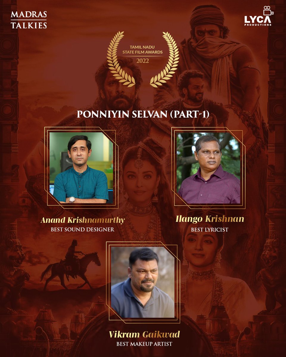 MadrasTalkies_'s tweet photo. Chola legacy lives on ⚔️

#PonniyinSelvan1 crowned with 7 awards at Tamil Nadu State Film Awards 2022 👑

#ManiRatnam @arrahman @LycaProductions @Tipsofficial @tipsmusicsouth @trishtrashers #SobhitaDhulipala @chiyaan @actor_jayamravi @Karthi_Offl #AishwaryaRaiBachchan @realsarathkumar #AishwaryaLekshmi | Prabhu | Jayaram | @prakashraaj | Jayachitra | @actorrahman | @iamvikramprabhu @AshwinKakumanu @LalDirector @rparthiepan Vikram Gaikwad | @KishanDasandCo | @nyvfxwaala @color_rcvfx @Vidhya_Subraman | Kumaravel | @gopiprasannaa @johnsoncinepro @Aswin_Rao @mdeii @kumartaurani Suresh Permal | Karthik Sekaran | Nakul Abhyankar | Aravind Crescendo | The Glassbox | @gobeatroute
