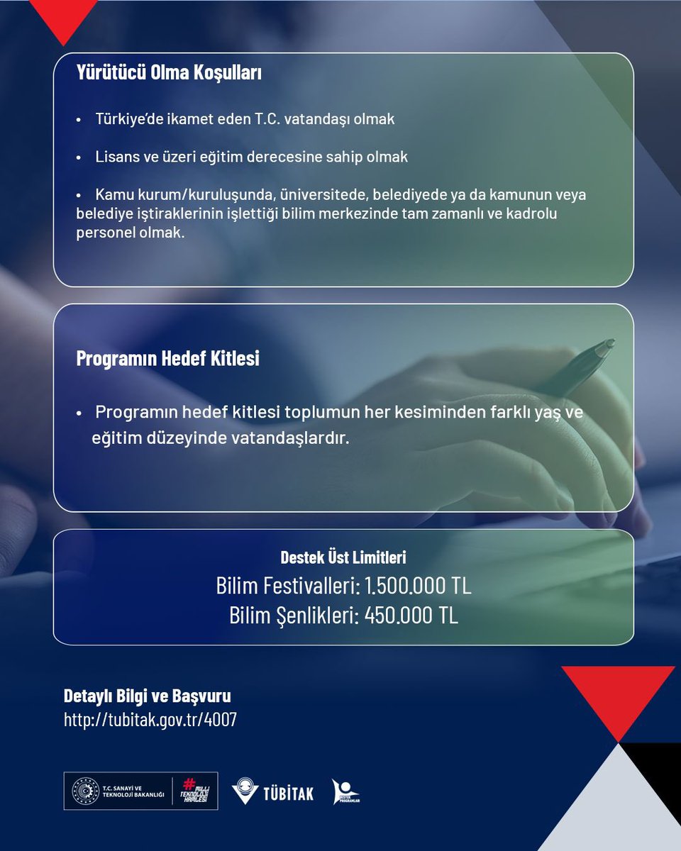 4007-Bilim Şenlikleri çağrısı yayınlandı! 📢

🎪 Yediden yetmişe toplumun tüm kesimlerinin katılabileceği bilim festivallerini ve şenliklerini destekliyor, bilimi toplumla buluşturuyoruz. 🔬🧪

👩‍🔬👨‍🔬 Ülkemizde bilim kültürü ve bilim iletişiminin geliştirilmesini amaçladığımız