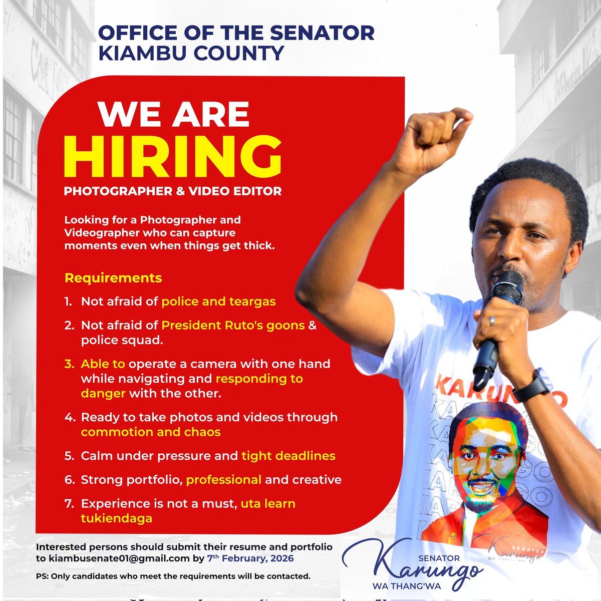 8 Days to go! 
Instructions on the poster.
#SenatorKarungo