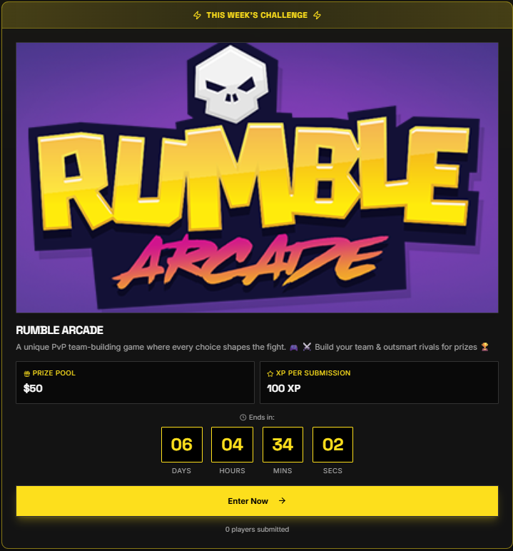 TodayWeGamegg's tweet photo. New challenge live now!

This week, we are seeing who can score the highest in @RumbleArcade.

1. Play the game
2. Get high score
3. Share your feedback
4. Win, $50 prizepool (self-funded)

Today We Game! https://t.co/33u0vWHSze