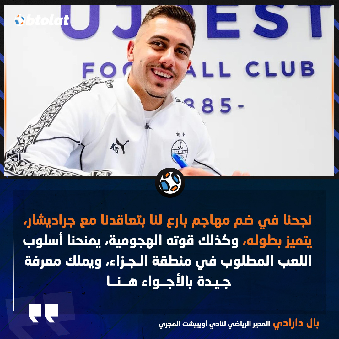 المدير الرياضي لنادي أويبيشت المجري. نجحنا في ضم مهاجم بارع لنا بتعاقدنا مع جراديشار، يتميز بطوله، وكذلك قوته الهجومية، يمنحنا أسلوب اللعب المطلوب في منطقة الجزاء، ويملك معرفة جيدة بالأجواء هنا 