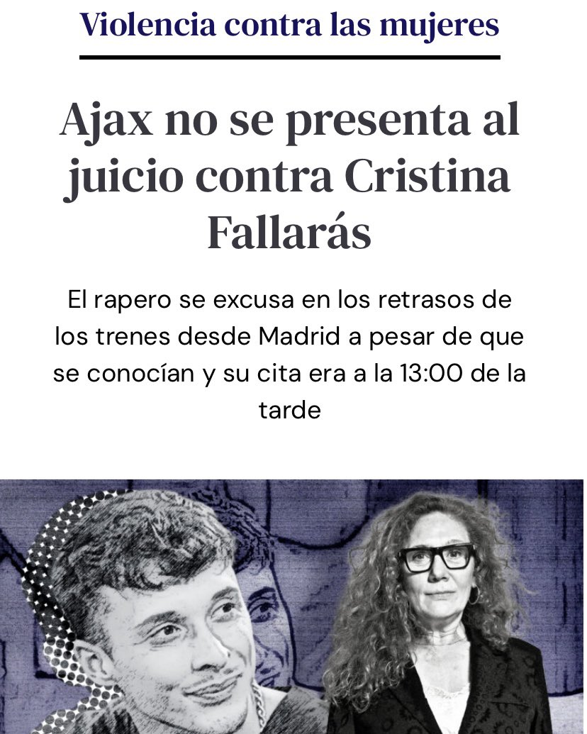 🔴 Ayax no se presentó al juicio que él mismo inició por presunta vulneración del honor contra Cristina Fallarás, la periodista que recogió el primer testimonio -de los más 80 que existen- sobre presuntos abusos sexuales del dúo

El rapero reclamaba una indemnización de 750.000€