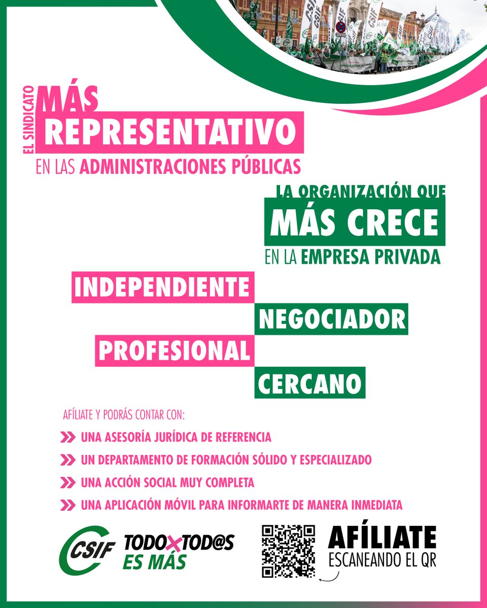 🟢 En CSIF trabajamos por defender tus derechos y mejorar tus condiciones laborales.  Y lo hacemos con independencia, profesionalidad y cercanía.

Somos el sindicato del presente.  
Afíliate 👉 bit.ly/4swVbzM 

#TodoXTodosEsMás