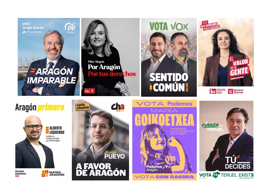 #AragónVota Carteles de los principales partidos para las elecciones del 8 de febrero.