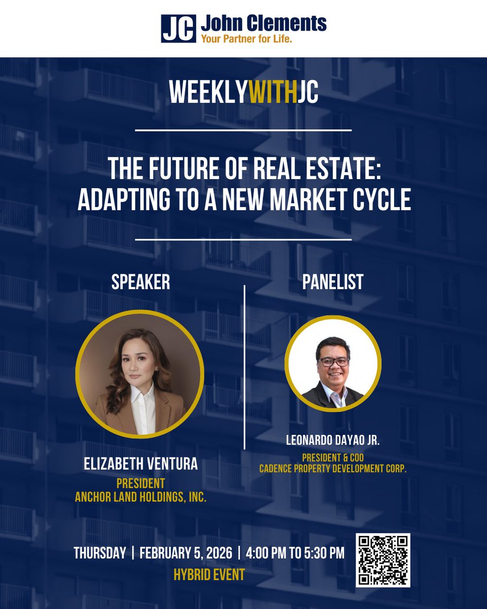 johnclementsph's tweet photo. Join us on #WeeklywithJC session:The Future of Real Estate: Adapting to a New Market Cycle

🗓️ Feb 5, 2026
⏰ 4:00–5:30 PM
📍 Venue: Zoom 

#WWJC2026 #PropertyMarket #IndustryInsights #MarketCycle #PhilippinesRealEstate #Leadership #ProfessionalDevelopment https://t.co/6xDHBfdH9i