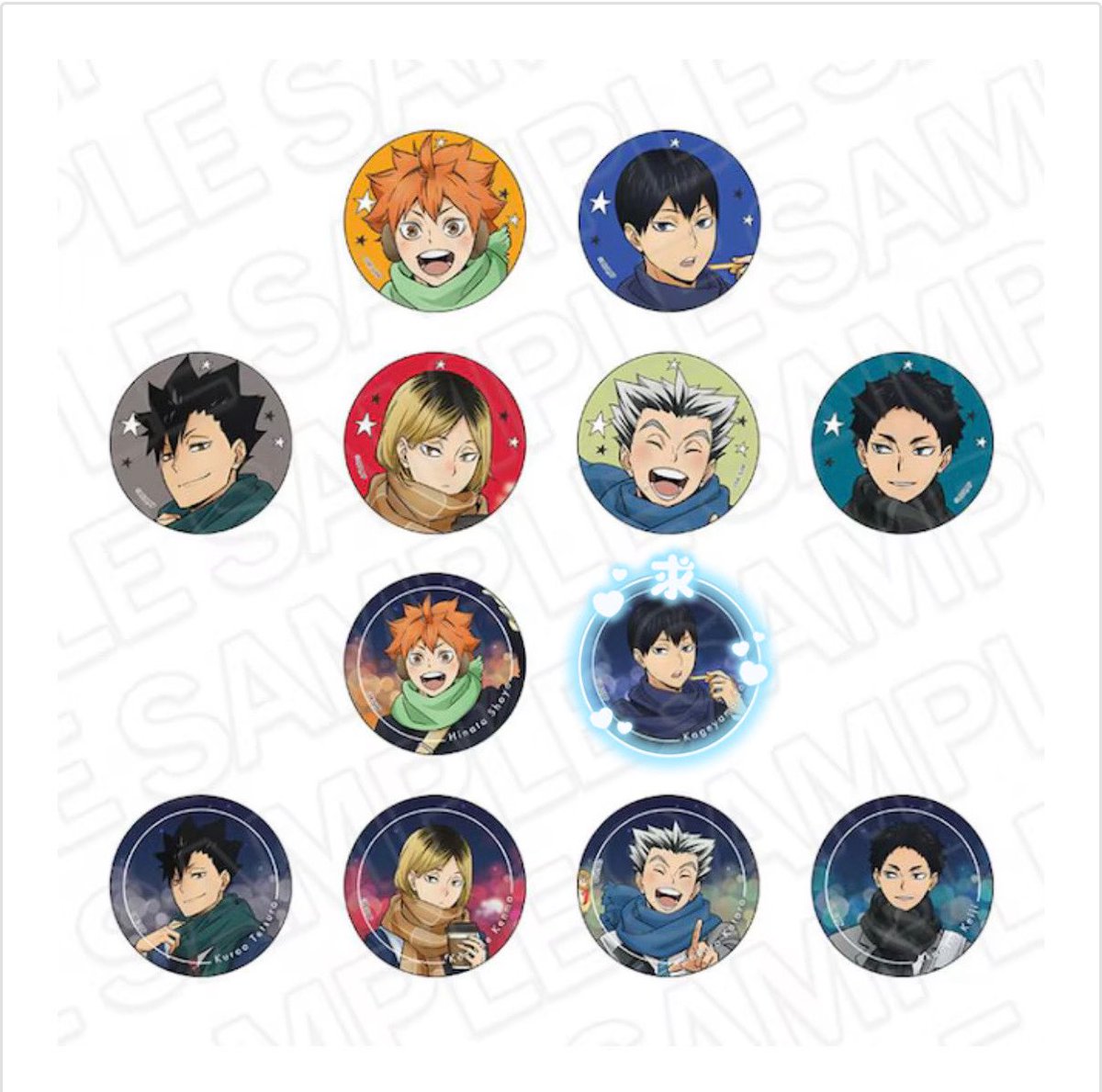 ハイキュー!!コスモワールド 缶バッジ 譲）日向、黒尾、孤爪、木兎、赤