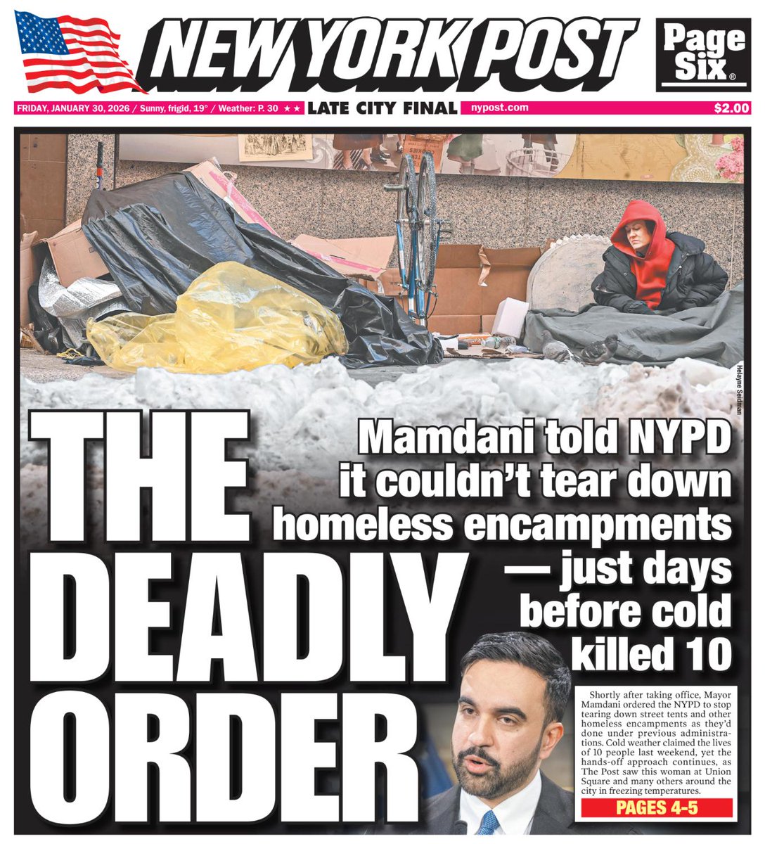 NYC cops, sanitation workers ordered to stop taking down homeless encampments weeks before 10 found dead in deep freeze. Read today's cover here: nypost.com/2026/01/29/us-…