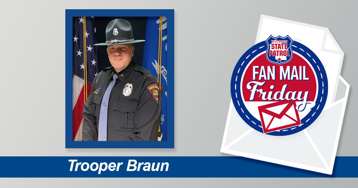 wistatepatrol's tweet photo. Trooper Braun thanked by motorist:
“I wanted to thank you for your help on Saturday, December 6th. I was the “little old lady” with the flat tire on the I-94 exit ramp. I appreciate you staying until I was towed...”
Thanks again,
Linda
.
.
.
#FanmailFriday https://t.co/nzLzYImirK