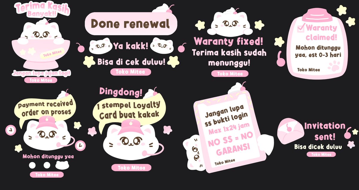 https_mitamitaa's tweet image. Help rt, thank you!
Halo semuaa! Mitaa bawa sticker pack lagi nihh 🍓🐈‍⬛

Price: 20k
Nanti dapetnya berupa sticker pack whatsapp yaap. Bisa direplace text jugaa. Yang minat sungg wa Mitaa #zonauang