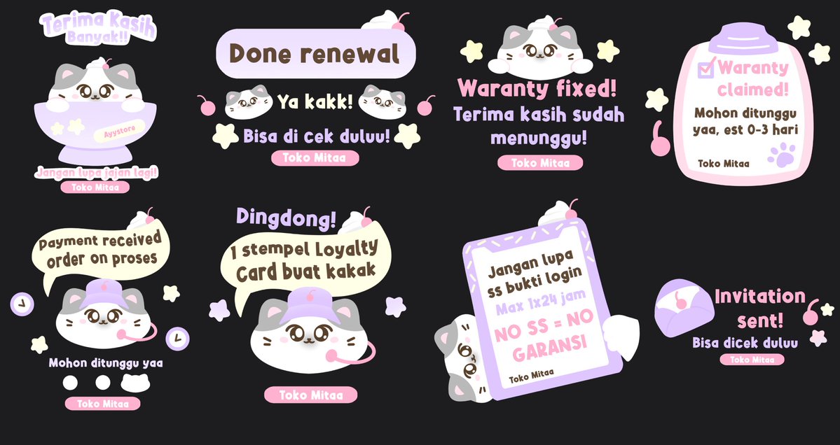 https_mitamitaa's tweet image. Help rt, thank you!
Halo semuaa! Mitaa bawa sticker pack lagi nihh 🍓🐈‍⬛

Price: 20k
Nanti dapetnya berupa sticker pack whatsapp yaap. Bisa direplace text jugaa. Yang minat sungg wa Mitaa #zonauang