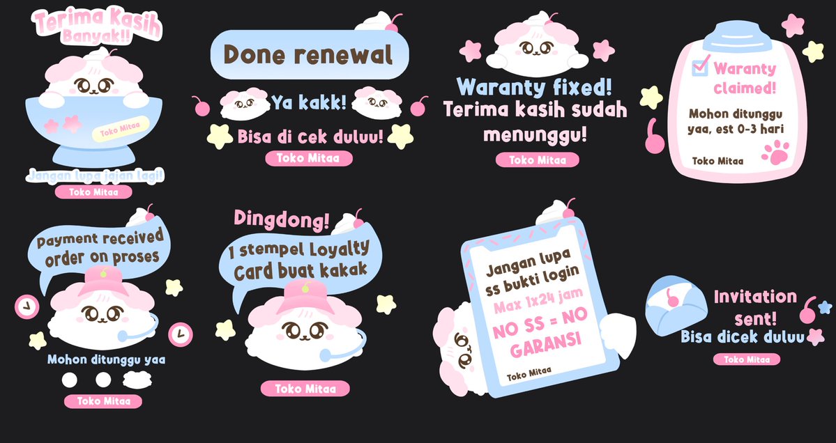 https_mitamitaa's tweet image. Help rt, thank you!
Halo semuaa! Mitaa bawa sticker pack lagi nihh 🍓🐈‍⬛

Price: 20k
Nanti dapetnya berupa sticker pack whatsapp yaap. Bisa direplace text jugaa. Yang minat sungg wa Mitaa #zonauang