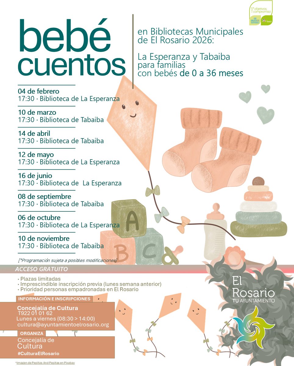 aytoelrosario's tweet photo. 👶📖 Comienza el ciclo gratuito de #cuentacuentos para bebés en las bibliotecas de #ElRosario. El miércoles 4 de febrero tendrá lugar la primera sesión. Se desarrollarán en las bibliotecas de #LaEsperanza y de #Tabaiba. https://t.co/CU7XXDkezM https://t.co/foedVwxxZO