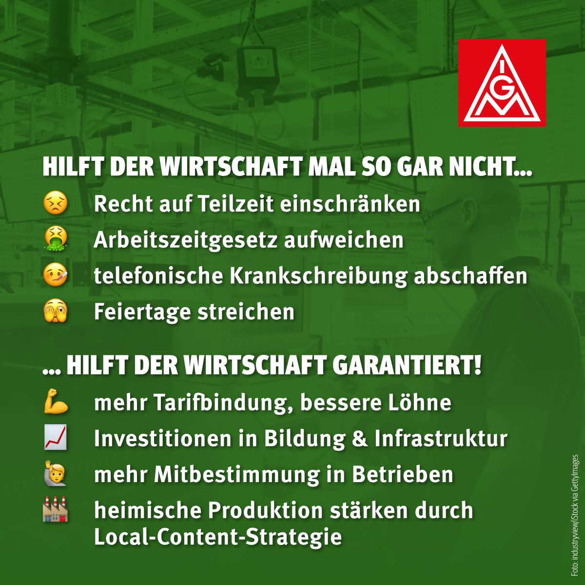 Statt den Beschäftigten pauschal Faulheit zu unterstellen, braucht es echte Initiativen, um unsere Wirtschaft zu stärken! 💪🏻
Wir brauchen jetzt eine gemeinsame Zukunftsstrategie: Politik, Arbeitgebende und Gewerkschaften müssen zusammen eine Initiative starten.