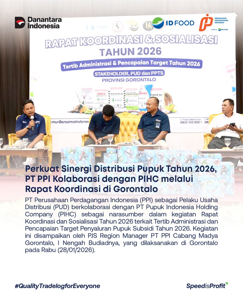 PT PPI sebagai Pelaku Usaha Distribusi (PUD) berkolaborasi dengan PT Pupuk Indonesia Holding Company (PIHC) sebagai narasumber dalam kegiatan Rapat Koordinasi dan Sosialisasi Tahun 2026 terkait Tertib Administrasi dan Pencapaian Target Penyaluran Pupuk Subsidi Tahun 2026.