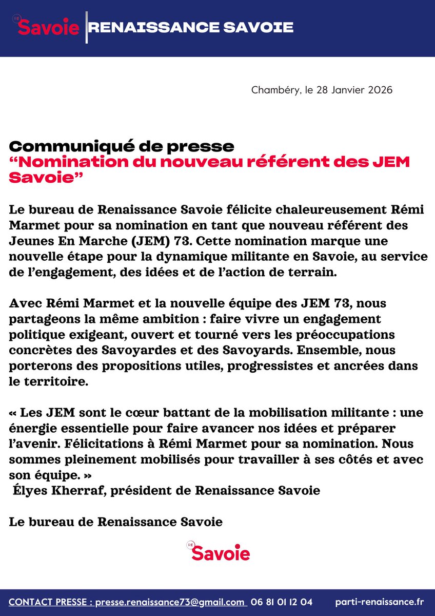 🔹Félicitations à Rémi Marmet, nouveau référent des JEM Savoie ! 
Hâte de travailler avec lui.🔥
<a href="/Jeunesenmarche/">Les Jeunes en marche</a>