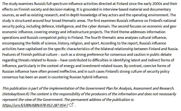 Finland has published a new government research report examining Russia’s full-spectrum influence activities since the early 2000s.