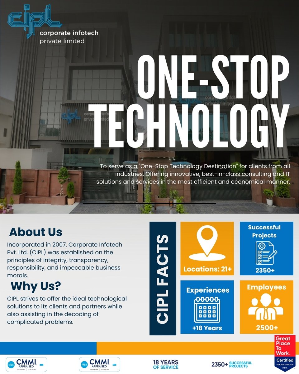 Your One-Stop Technology Destination 🚀

CIPL delivers smart, scalable IT solutions backed by 18+ years, 21+ locations, and 2350+ successful projects.
Driving innovation. Enabling growth.

#CIPL #ITSolutions #DigitalTransformation #TechInnovation