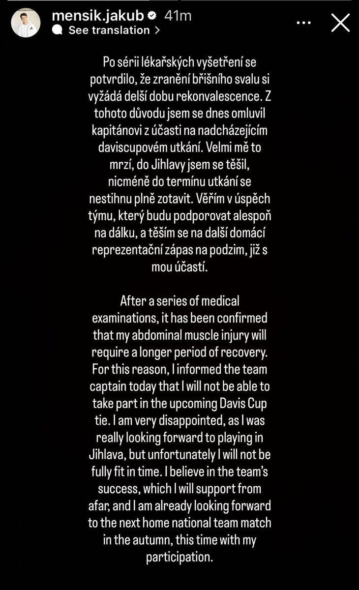 Jakub Mensik 🇨🇿 won’t be playing Davis Cup as his abdominal injury seems worse than first thought. 
📷 Instagram: mensik.jakub