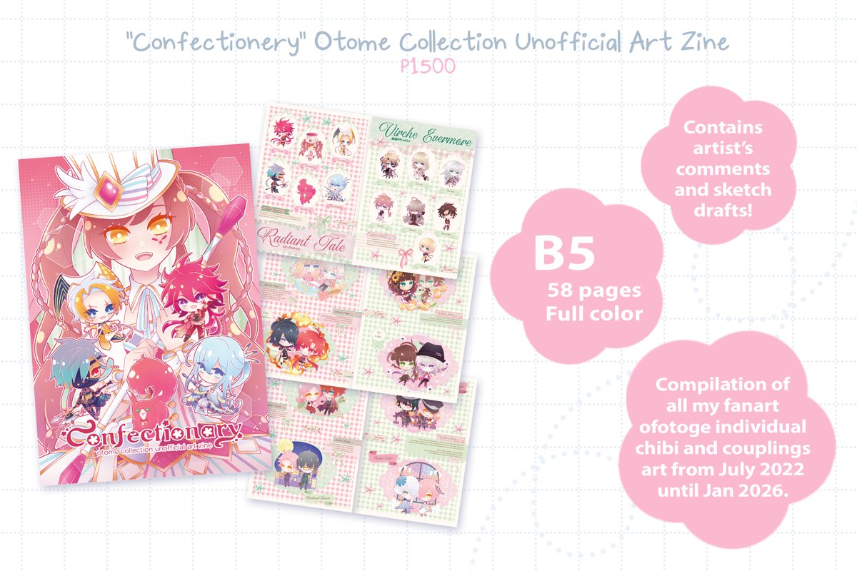 To debut at #MaiFairePH2026 !🌸

Compiled my 200+ otome chibi art to a zine~ Limited stock only! Here a preview of the cover and some pages! 🩷