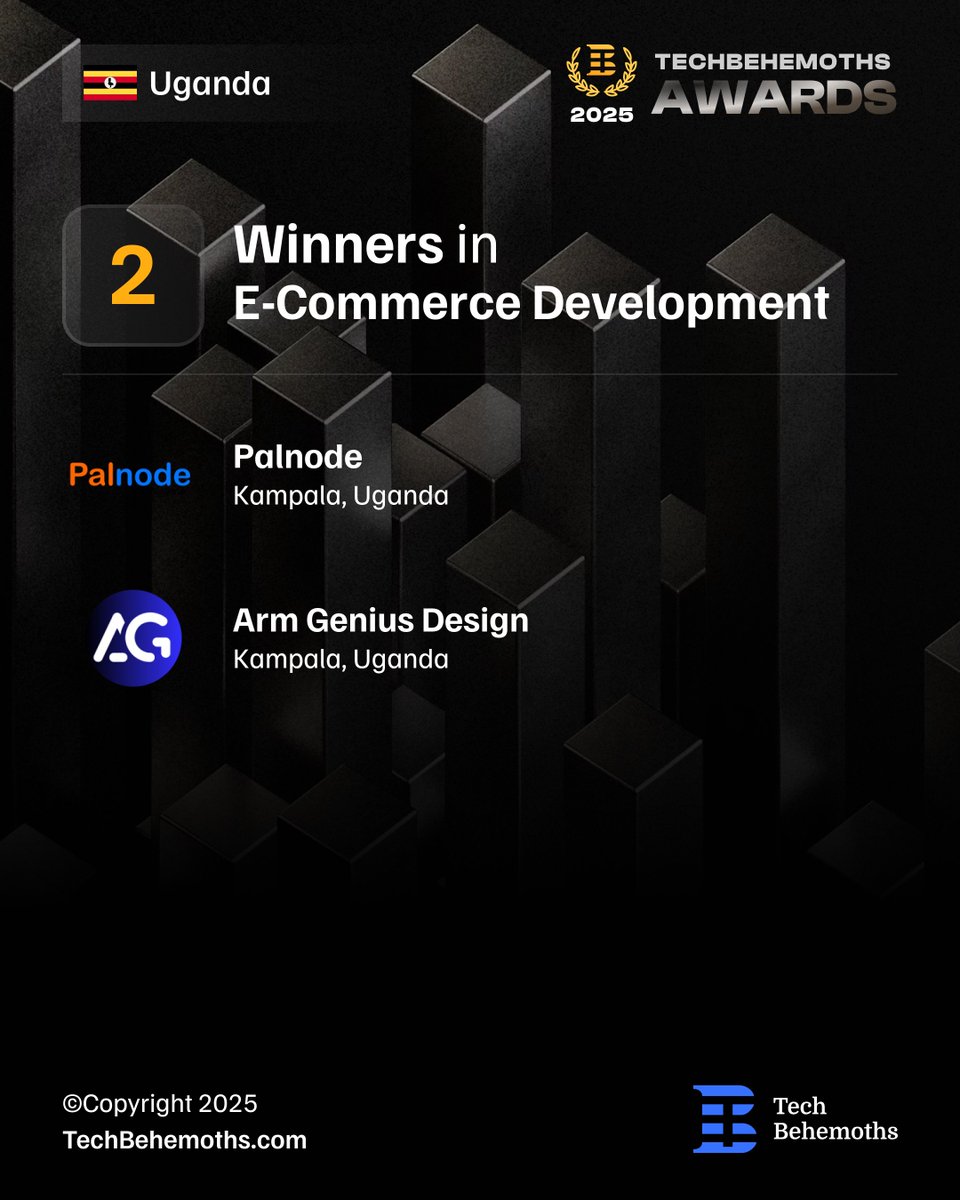 TechBehemoths's tweet photo. 🇺🇬 Uganda is emerging as a tech hub in Africa!

At #TechBehemothsAwards2025, 7 companies earned recognition across 8 IT service areas, showing that innovation and talent are thriving across the country.

🏆 Recognized leaders:
@DeoWandera2 
@WaanverseLabs 
@palnode 
@RioAkram  
@gdexpertsug 
LOFT UGANDA
Kevindj Creatives

Uganda’s digital ecosystem is growing fast — watch this space! 

🌐 See all winners: https://t.co/XVMfDWgyYT

#TechBehemoths #Uganda #Awards2025 #TechGrowth #DigitalEcosystem