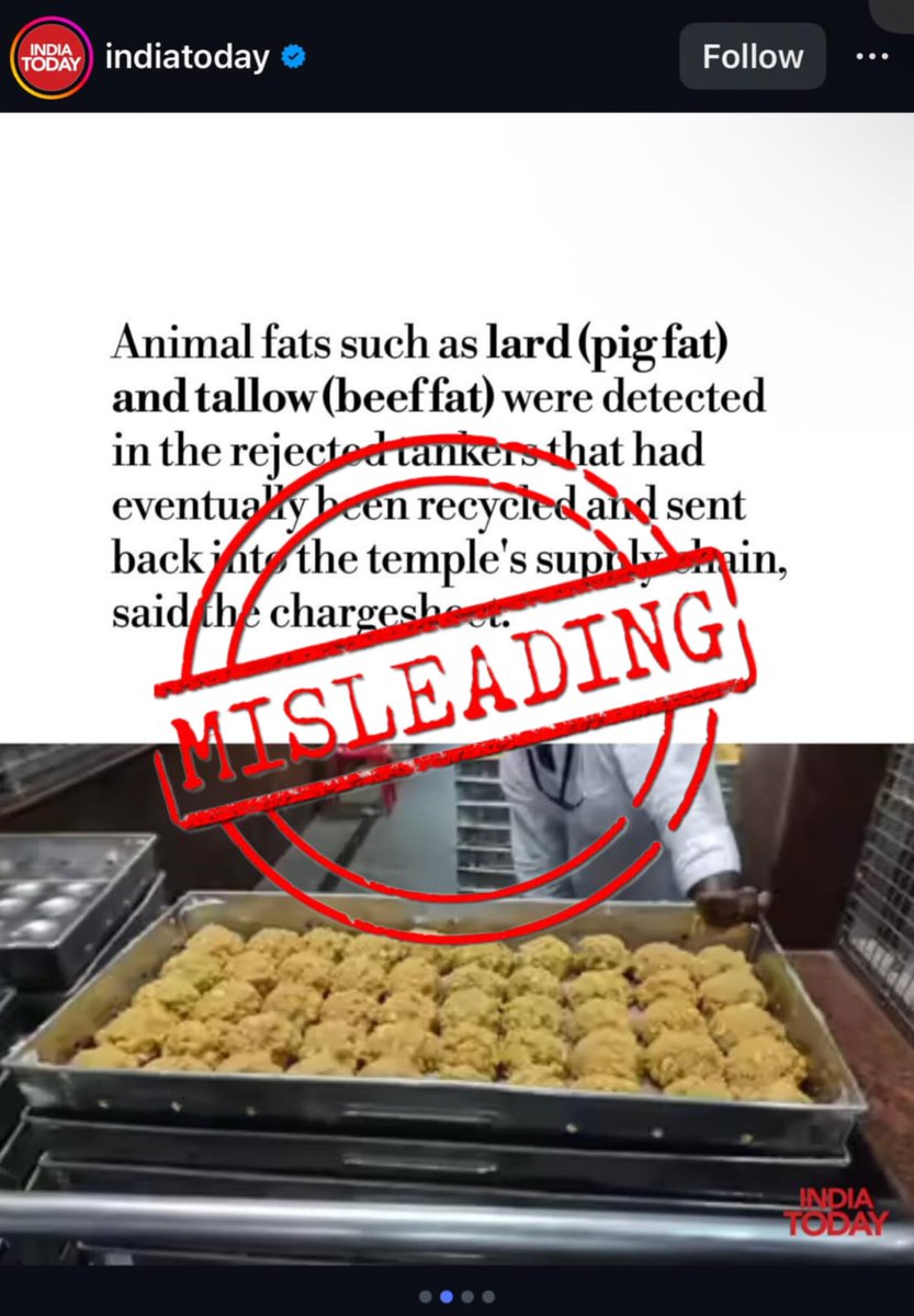 YSRCPFactCheck's tweet image. Fact check | Tirupati laddu issue
@IndiaToday ’s post is misleading and does not align with the final scientific findings. The CBI-led investigation, based on reports from NDRI, Karnal and NDDB-CALF, Anand, has clearly stated that no lard, no beef tallow, and no animal fat were…