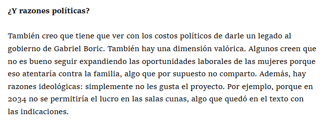 Muy clara Karen Thal: la postergación del proyecto no es técnica, sino que tiene motivaciones políticas (evitar legado al gobierno), valóricas (oportunidades laborales para mujeres atentarían contra la familia) e ideológicas (indicación contra lucro en salas cunas). Cavernario.
