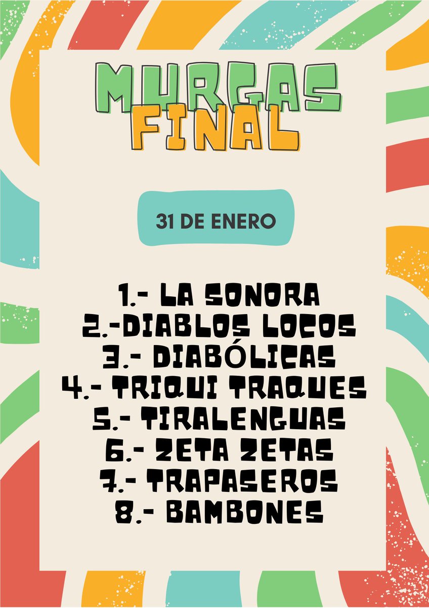 FINAL DE MUGAS
Sábado 31 de enero a las 20:00 horas. Recinto Ferial.
#CarnavalSC26 #SantaCruzdeTenerife #LaLaguna #Tenerife