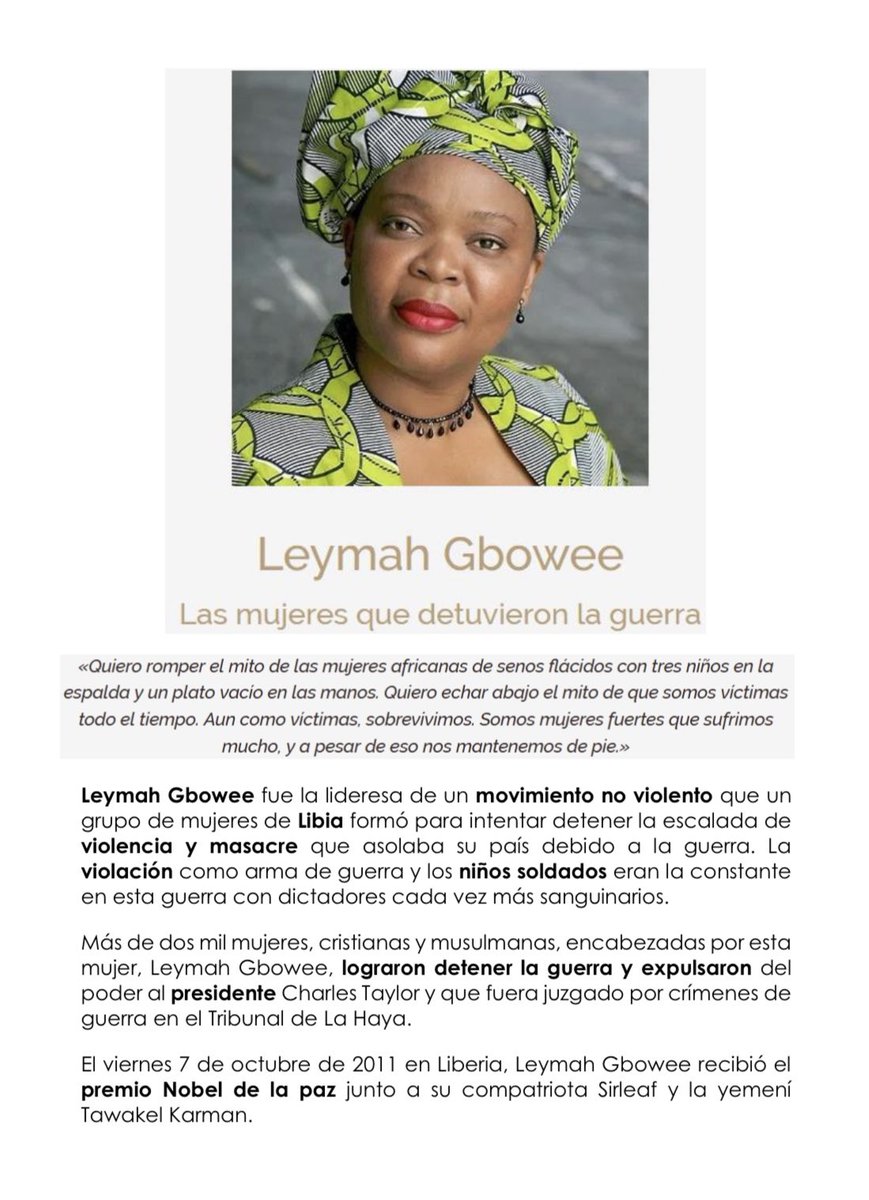 MUJERES POR LA PAZ
Con motivo del Día de la Paz y la no violencia que celebramos el 30 de enero, destacamos, en el tablón de la igualdad, la figura de varias mujeres que han luchado y luchan por la paz y que han recibido menciones, como el Nobel de la Paz por su importante labor.