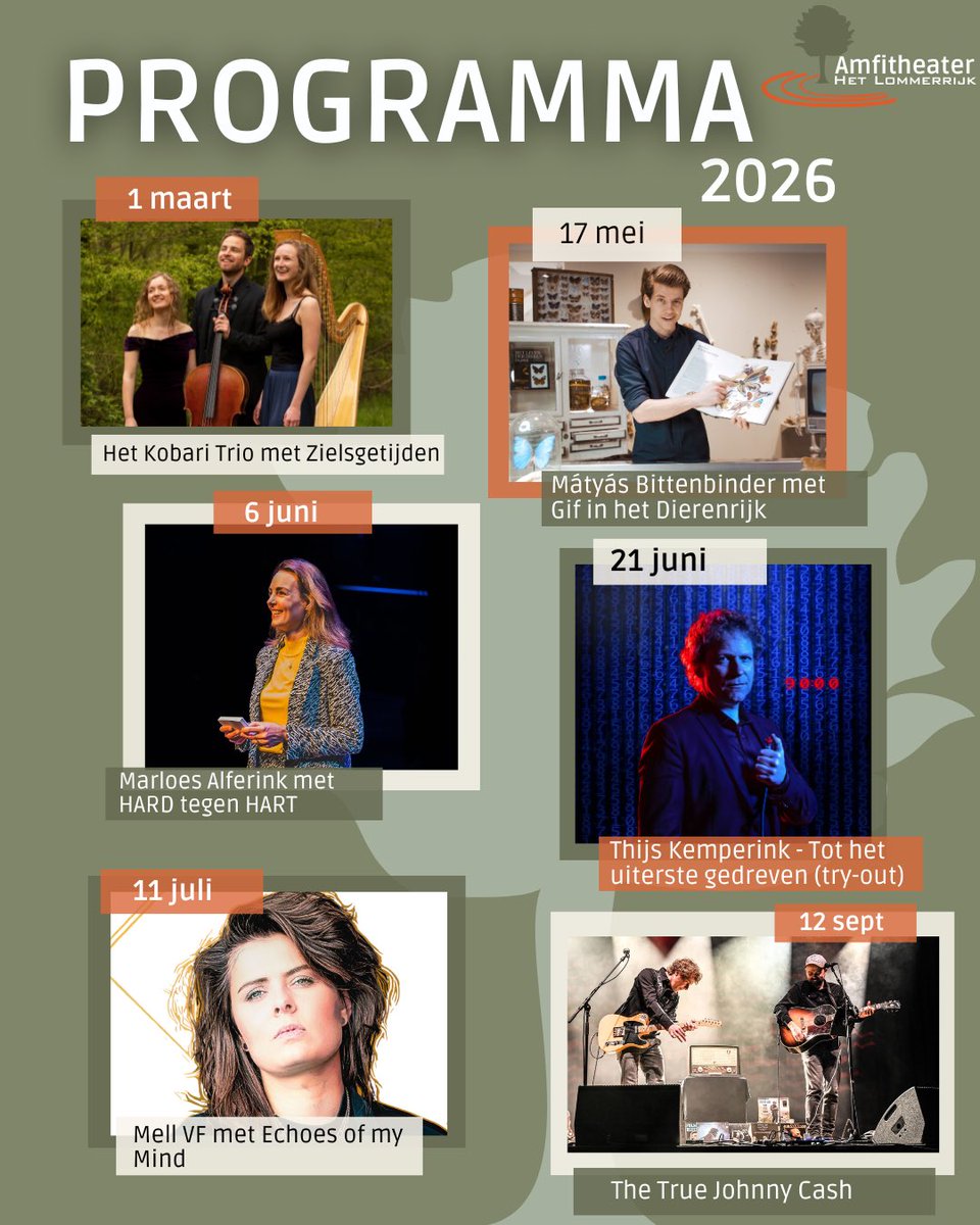 🎭 𝗢𝗻𝘀 𝘁𝗵𝗲𝗮𝘁𝗲𝗿𝗽𝗿𝗼𝗴𝗿𝗮𝗺𝗺𝗮 𝟮𝟬𝟮𝟲 𝗶𝘀 𝗯𝗲𝗸𝗲𝗻𝗱! 🎉
Met trots presenteren we een veelzijdig programma vol muziek, verhalen en indrukwekkende performances.
👉 𝗠𝗲𝗲𝗿 𝗶𝗻𝗳𝗼 𝗲𝗻 𝗸𝗮𝗮𝗿𝘁𝗲𝗻 𝘃𝗶𝗮: amfitheaterhetlommerrijk.nl 🎟️