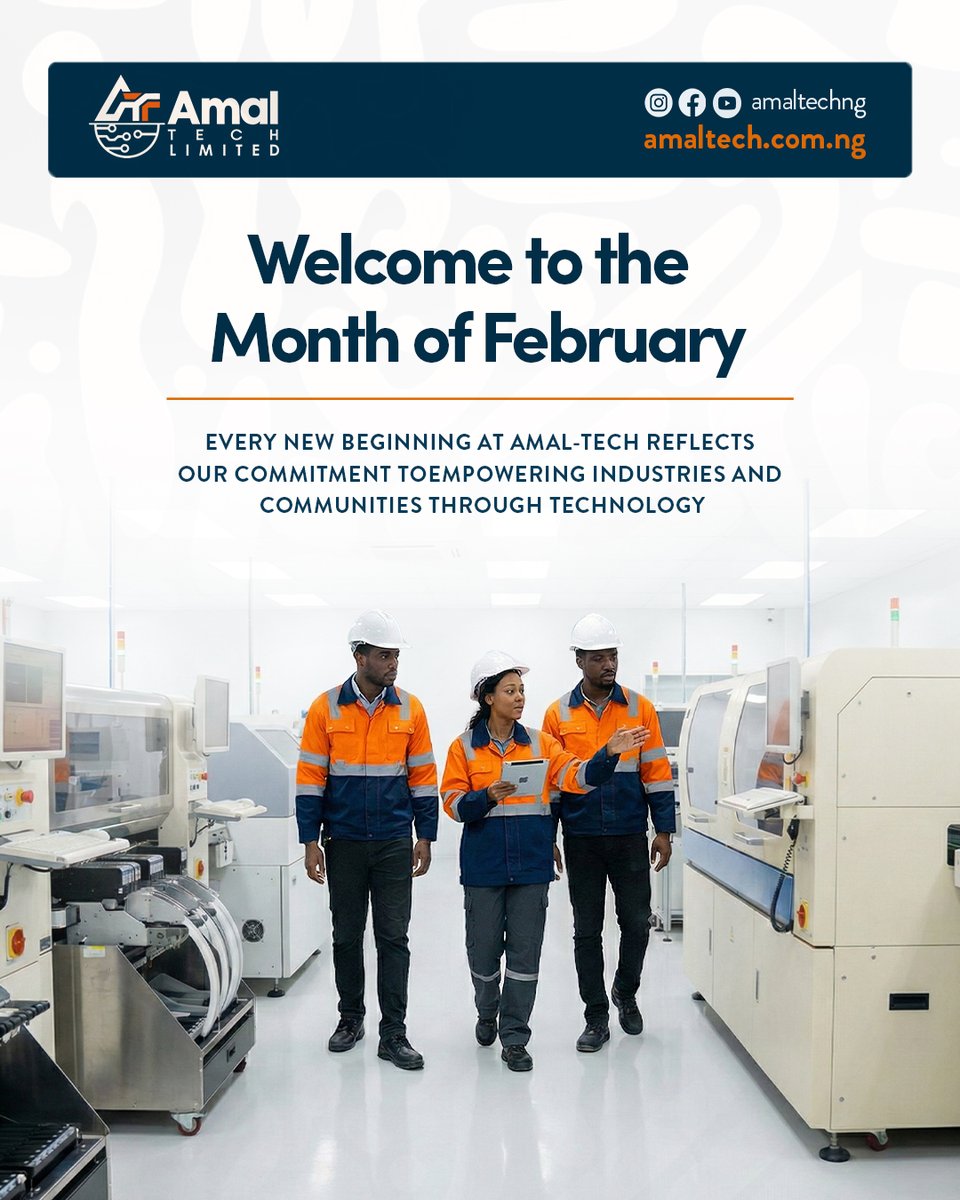 AmalTech_NG's tweet image. February: Building with Purpose

A new month, renewed focus. At Amal-Tech, we continue building reliable, locally made technology that drives progress across Africa.

Discover more at ifo@amaltech.com.ng

#amaltech #happynewmonth #buildingwithpurpose #techforafrica #madeinnigeria